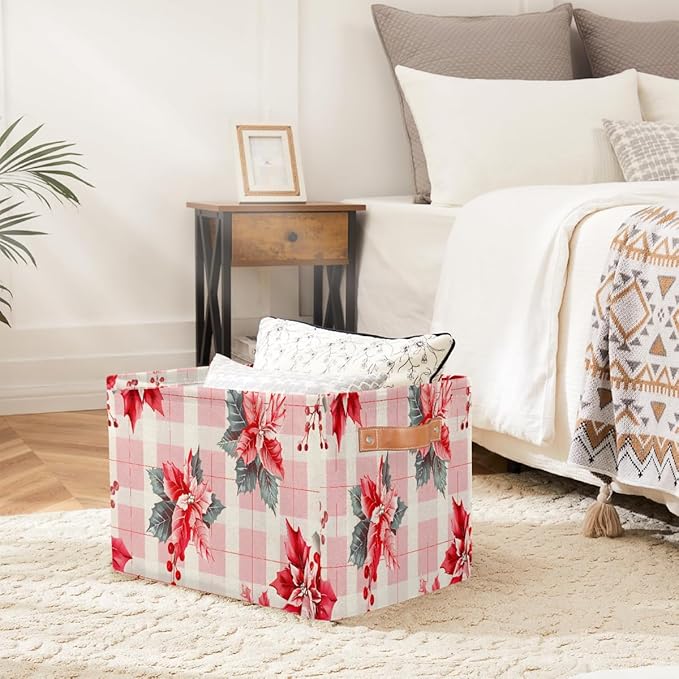 Storage Baskets Bin, Christmas Winter Poinsettia Collapsible Canvas Fabric Storage Bin Decorative Baskets Toy Organizer Rectangle Storage Boxes with Handles for Home Shelves Nursery, J-003