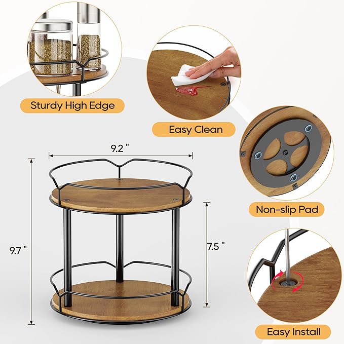 MUTUALUS Lazy Susan Organizer 2 Tier - Turntable Spice Rack for Table Top, Wooden Rotating Lazy Susan for Cabinet Pantry Kitchen Countertop Dining Table Cupboard Bathroom Vanity Storage