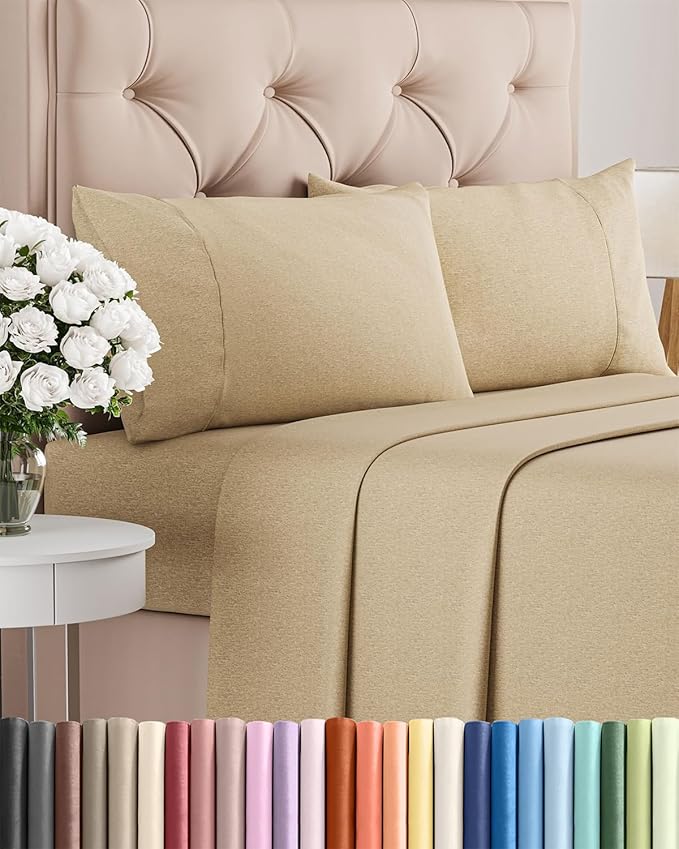Twin XL Sheets Set 6 Piece - Includes 2 Pillowcases - Bed Sheets Twin XL - Soft Hotel Luxury Bedding - Cooling, Comfy & Breathable - 1 Flat & 1 Fitted & 2 Pillowcases w/ Deep Pockets - Heathered Tan