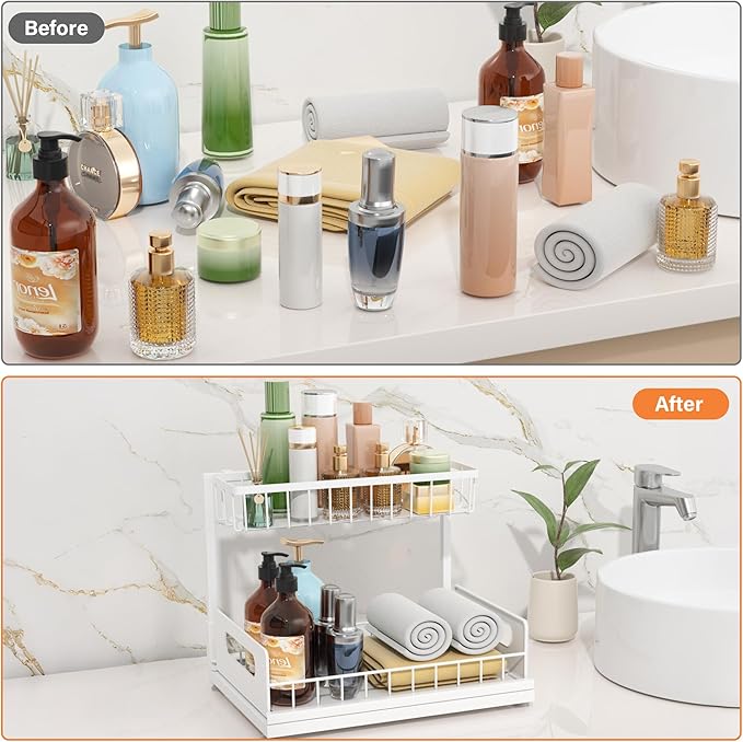 MERATIA Under Sink Organizer, 2 Tier Pull Out Cabinet Organizer,Slide out Metal Cabinet Organizers Multi-Purpose Drawer Shelf for Kitchen Bathroom Pantry Cabinet Closet Organization Rack,White 1 Pack