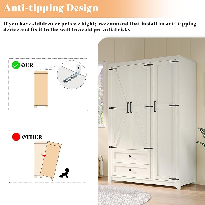 AMERLIFE Farmhouse 3 Door Wardrobe Closet with 2 Drawers & Hanging Rod, 47" Large Armoire Storage Cabinet with Adjustable Shelves, Freestanding Clothing Organizer for Bedroom, White