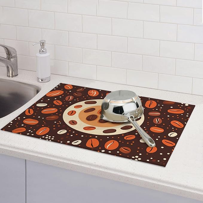 Coffee Beans Dish Drying Mat for Kitchen Counter Microfiber Super Absorbent Non-Slip Dish Drying Pad for Countertops Dishes Utensils Stylish Quick-Dry Machine Washable 18x24 Inch
