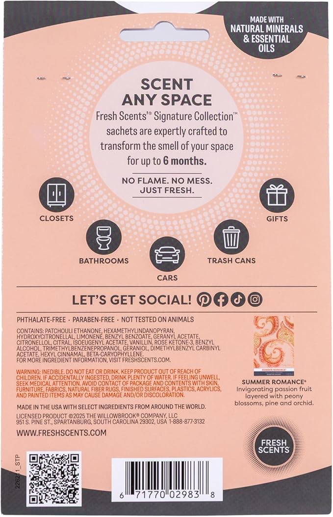 Fresh Scents Scented Sachets | Summer Romance | Home Fragrance | Long Lasting (Up to 6 Months) | Air Freshener for Closets, Drawers, & Cars | 6 Pack