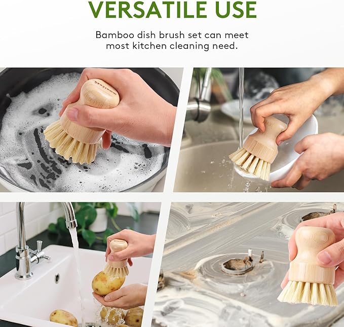 ÖkoStamm 4 Pack Bamboo Dish Brush, Natural Dish Scrubber with Sisal Bristle, Scrub Brush for Kitchen Cleaning Dishes, Pots, Pans, Bottles, Vegetables