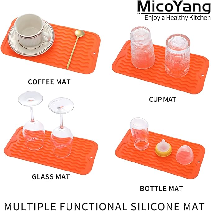 MicoYang Silicone Dish Drying Mat for Multiple Usage,Easy clean,Eco-friendly,Heat-resistant Silicone Mat for Kitchen Counter or Sink,Refrigerator or Drawer Liner Orange S 12 inches x 6 inches