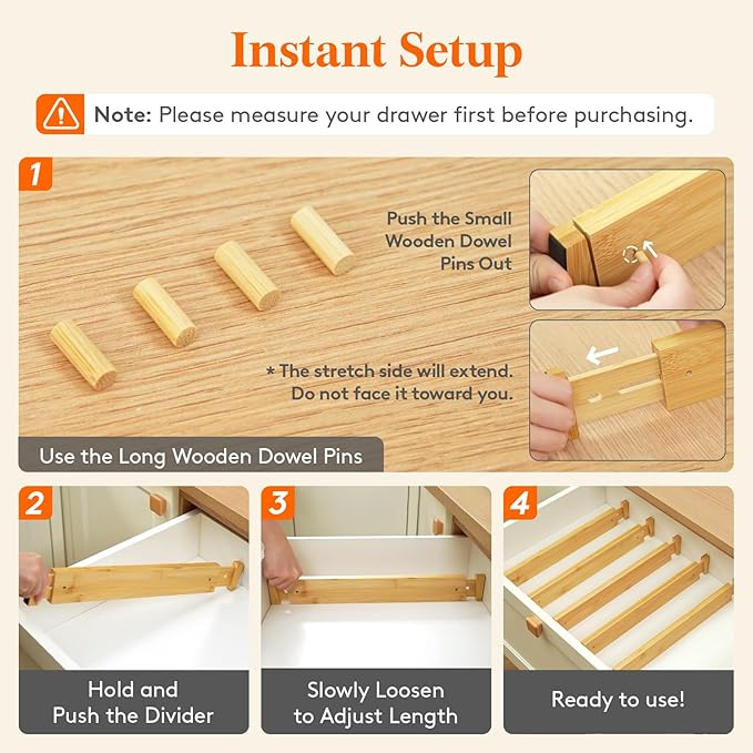 Lifewit 4 Pack Bamboo Drawer Dividers 2.4" High, 17.5-22" Kitchen Drawer Organizers, Adjustable Wooden Drawer Dividers for Clothes, Expandable Drawer Separators for Dresser, Bedroom, Bathroom, Cabinet