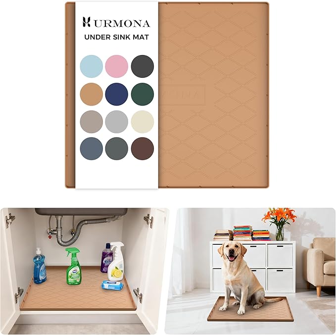 URMONA Under Sink Mat for Kitchen Waterproof, 19" x 22" Silicone Under Sink Mat for Shelf Liner Organizer, Cabinet Sink Protector Under Sink Liner for Bottom Kitchen, Bathroom(Khaki)