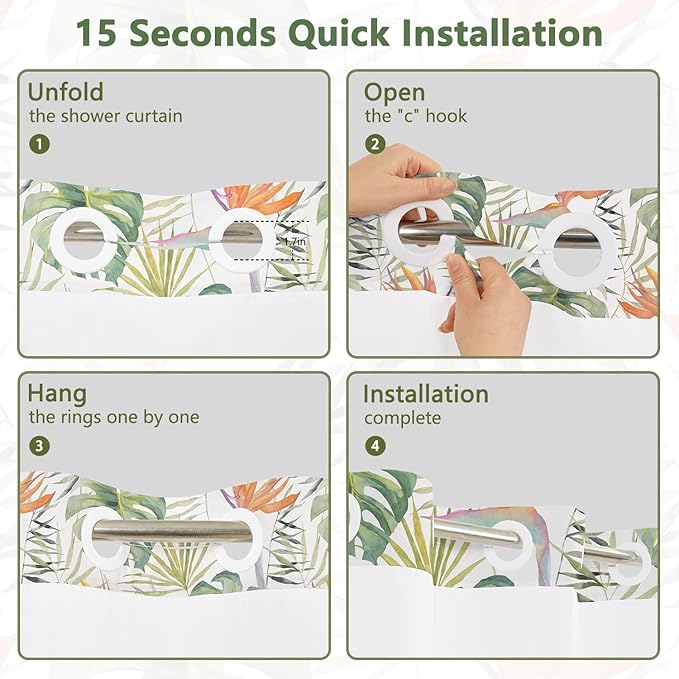 TQUQOBU Tropical Leaves Shower Curtains for Bathroom, Waterproof Double Layers Fabric No Hook Shower Curtain with Liner, Green Palm Monstera Leaf Botanical Jungle Decor Bath Curtains, 71x74 Inch