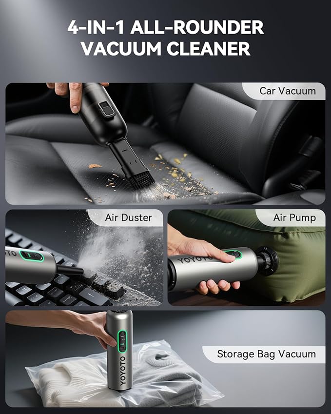 yoyoto Car Vacuum, Handheld Vacuum Cordless with 21000Pa Powerful Suction & 3 Modes, 4-in-1 Portable Hand Held Mini Vacuum Cleaner Rechargeable, Ultra Light for Car Home Office (Silver)
