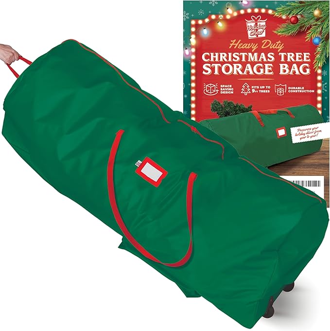 Holiday Cheer Christmas Tree Storage Bag with Wheels – Heavy Duty Christmas Tree Bag Fits Up to 9ft Tall Artificial Christmas Tree, Waterproof, Durable Handles & Zipper – Xmas Tree Storage Bag (Green)