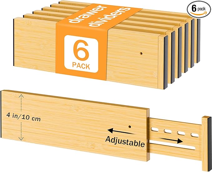 Ryqtop Bamboo Drawer Dividers 4" High, 16.5-22" Adjustable Drawer Organizers for Clothes,Expandable Dresser Separators in Bedroom/Kitchen/Bathroom/Office Organization and Storage,6 Pack