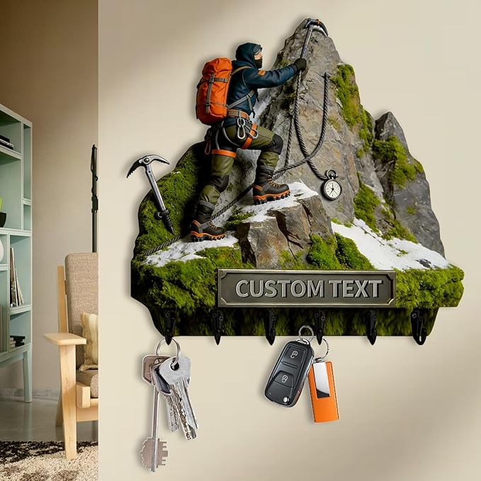 Personalized Name Climber Wall Hooks for Men Women Couple Family Mountaineering Enthusiasts Custom 2D Flat Print Mountaineer Themed Key Holder Mountain Theme Key Rack for Living Room Hallway Office