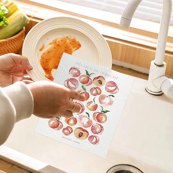 LARTSFRO Swedish Dishcloths for Kitchen, Papaya Reusable Paper Towels Washable, Cucina Doliva Oranges Peach Lemon Swedish DishCloths for Friut, 4 Pack Dish Towels for Kitchen
