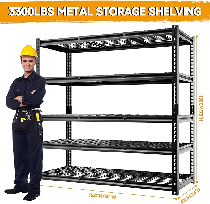 cynnda 5-Tier 60" W X 24" D X 78" H Garage Shelving Metal Storage Shelves 3300LBS Heavy Duty Industrial Shelving Adjustable Garage Shelf Unit Utility Storage Racks(Black)