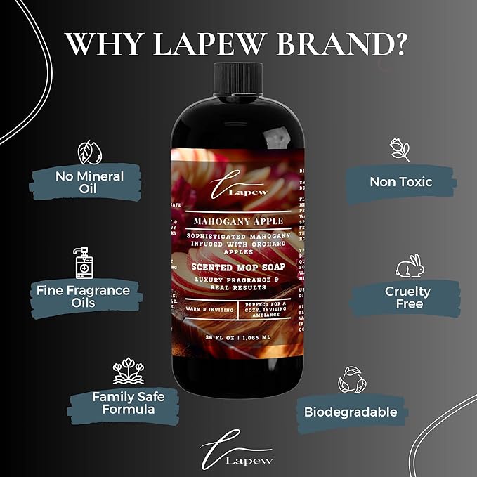Lapew Mahogany Apple Scented Mop Soap Concentrate 36 oz | Premium Fragranced Floor Cleaner | Streak-Free | Hard Floor Cleaning Solution | Eco Friendly | Made in USA
