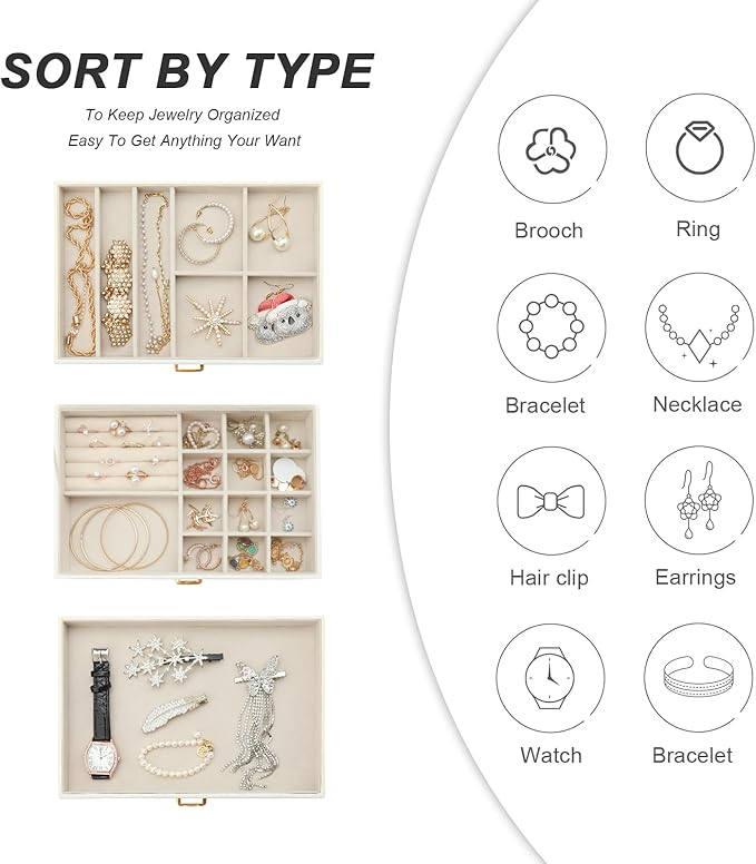 Jewelry Organizer Box for Women Girls, 3-Layer Jewelry Case with 2 Drawers Jewelry Storage Box for Ring Earrings Bracelets Necklaces(White)