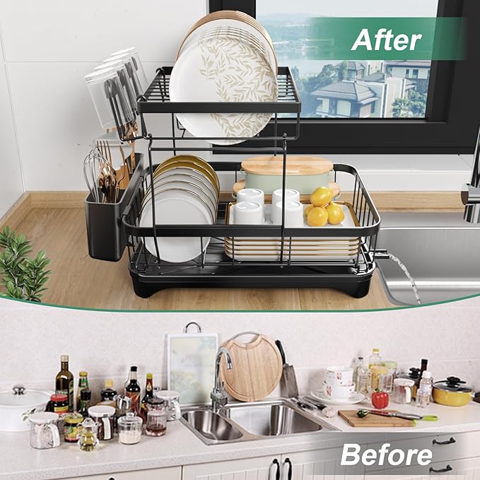 HOMEAILIE Dish Drying Rack, 2-Tier Large Dish Drying Rack for Kitchen Counter – Space Saving Dish Drainer Organizer with Utensil Holder and Cutlery Tray, Black