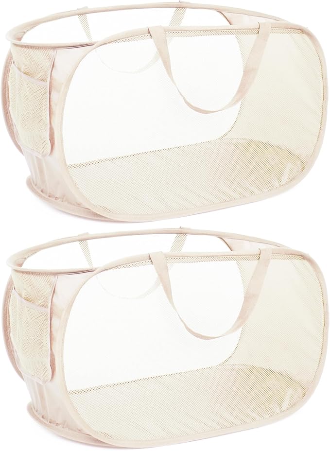 Durable Collapsible Laundry Baskets, Mesh Pop Up Laundry Hamper with Side Pocket, Foldable Clothes Hamper with Reinforced Carry Handles for Laundry, Bathroom, Kids Room, Dorm or Travel 2 Pack Beige