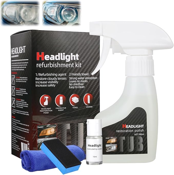 2026 New Headlight Restoration Kit, Headlight Cleaner and Restorer Spray, Automotive Headlight Cleaner Oxidized and Yellowed Head Light Restoring Kit, with 10ml Coating Agent, Towel and Sponge (1Set)