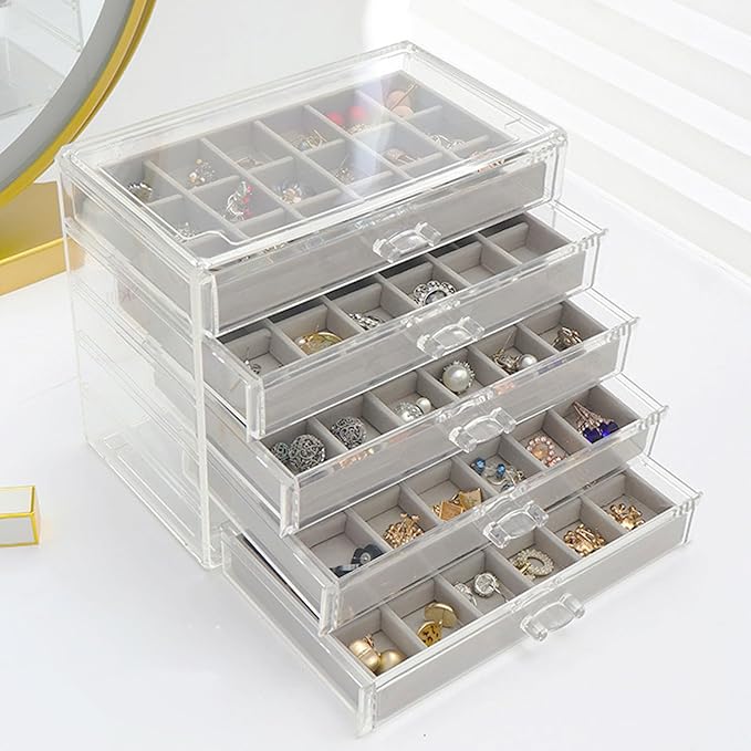 SPAKOWN Earring Organizer, Acrylic Jewelry Box with 5 Drawers, Clear Velvet Earring Storage Display Case with 90 Compartments for Women Girls (Grey)
