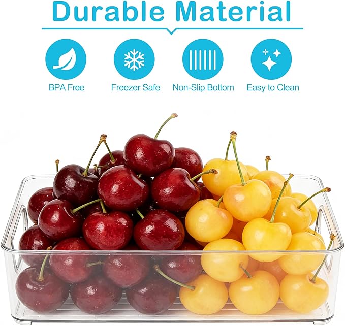LotFancy Refrigerator Organizer Bins, 4 Pack,10x6x3 in, BPA Free Clear Plastic Storage Bins for Pantry Organization, Stackable Containers with Handles for Fridge, Kitchen Drawer, Freezer, Cabinet
