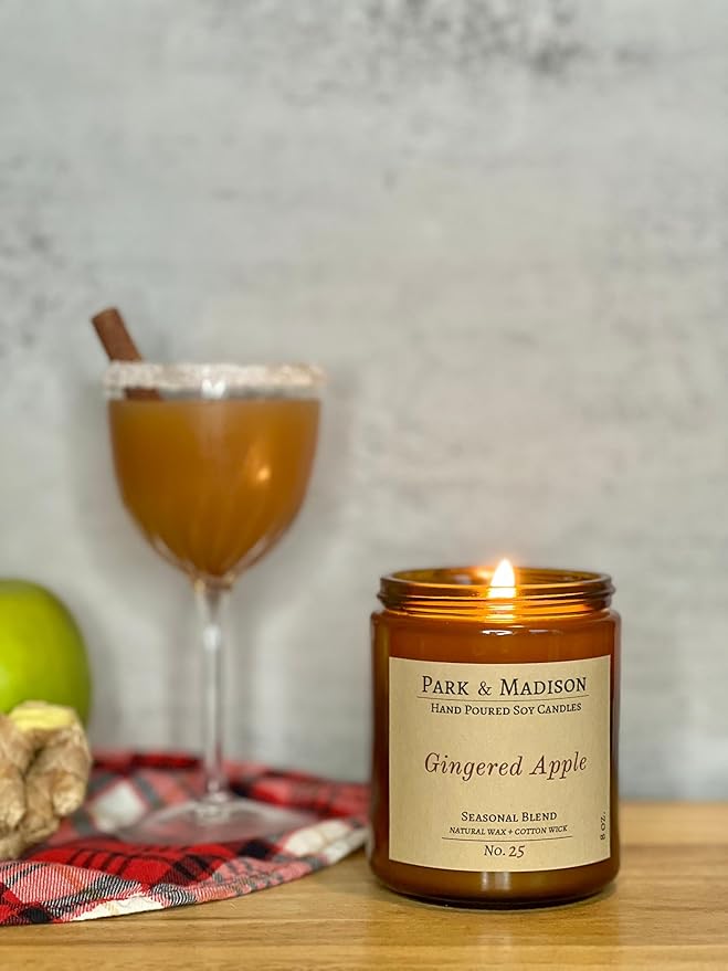 Park & Madison Gingered Apples Soy Candle - Apples Mimosa Scented Candle | Hand-Poured Amber Jar Candle with Black Lid | Fruit Scented Fall Candle | Eco-Friendly, Phthalate-Free, Non-Toxic (8 oz)