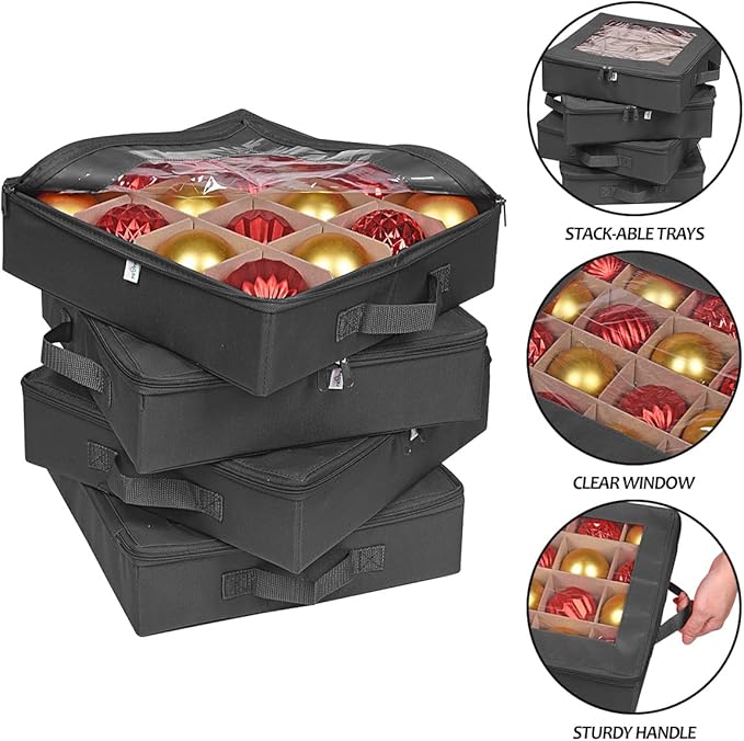 ProPik 4 Pcs Christmas Ornament Storage Boxes with Dividers | 4 Individual Trays Hold 64 Holiday Decoration Balls | Durable Ornaments Organizer Storage Box | Zippered Closure with Handles (Black)