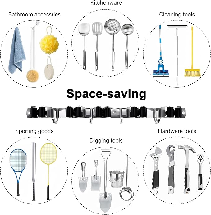 5 Racks and 4 Hooks Mop and Broom Holder Wall Mount, SUS304 Heavy Duty Broom Organizer Storage Tool Racks, Self Adhesive Solid Non-slip Tool Hangers for Home Kitchen Garden Laundry Garage