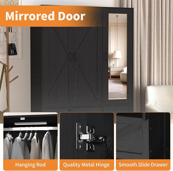 Armoire Wardrobe Closet with Mirror and 2 Drawers, 72''H Bedroom Armoire Wardrobe Cabinet with Hanging Rod and Light,Wooden Bedroom Closet with Adjustable Shelf