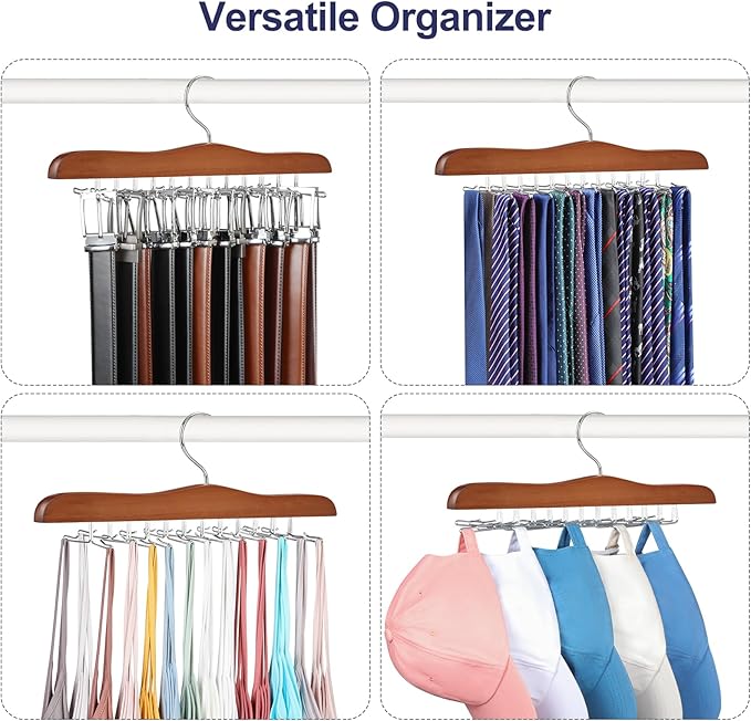 TOPIA HANGER Tie Rack Hanger for Closet, Wooden Tie Organizer for Men with 24 Folding Hooks, Space Saving Necktie Holder for Storage and Display Bra, Tank Top, Camisole (2-Pack), Walnut- CT14WA-2