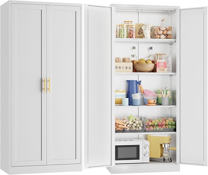 CJF White Kitchen Pantry Cabinet,71 Inch Tall Metal Storage Cabinet with 4 Adjustable Shelves and Doors, Freestanding Pantry Cabinet for Kitchen, Living Room, Dining Room, Bathroom, Easy to Assemble
