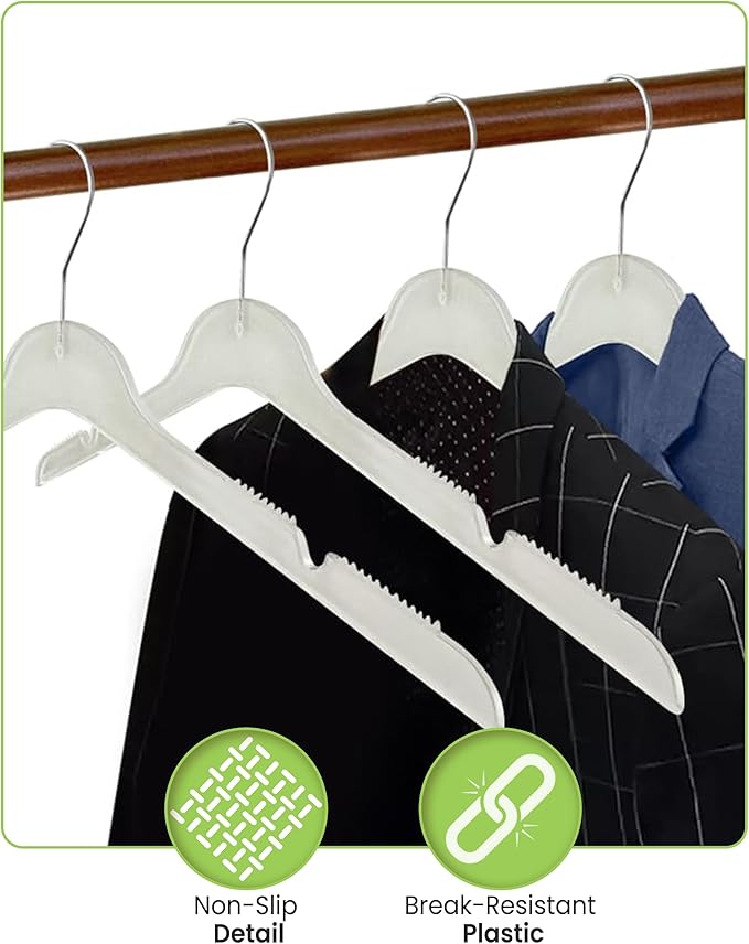 All Hung Up Plastic Hangers Slim, Non Slip Space Saving Clothes Hangers for Closet Organization, Durable Notched Plastic Coat Hangers for Shirts, Dresses & Jackets, Smokey Clear, 36 Pack