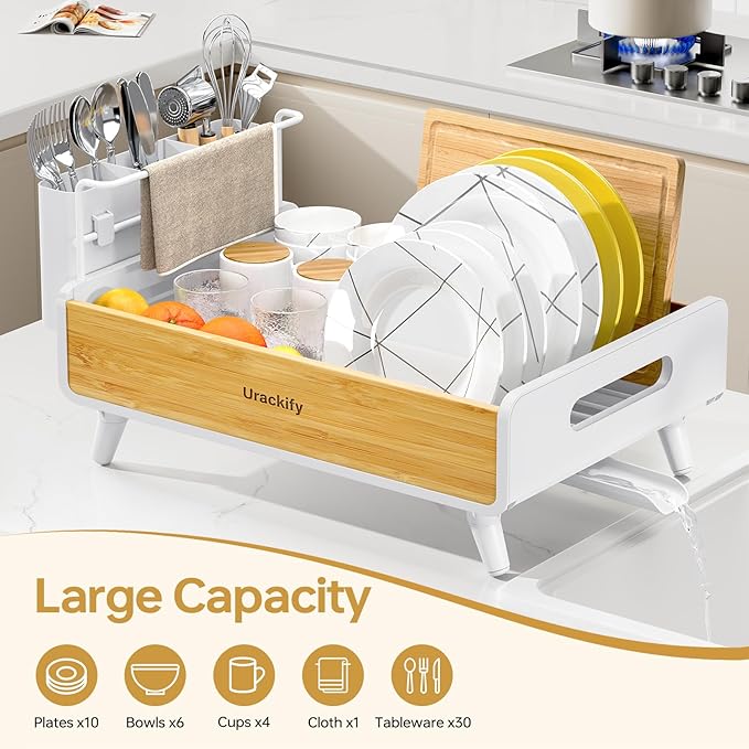 Urackify Dish Drying Rack for Kitchen Counter – Stainless Steel & Bamboo Dish Rack, Drying Rack Kitchen with Large Removable Utensil Holder, Dish Drainer with Auto-Drain Drainboard, White