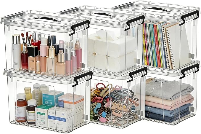 60 QTClear Storage Bins with Lids, 6 Pack 10 QT-Stackable Plastic Organizer for Home, Office, Garage, BPA-Free, Heavy-Duty, See-Through Containers with Secure Latches & Handles