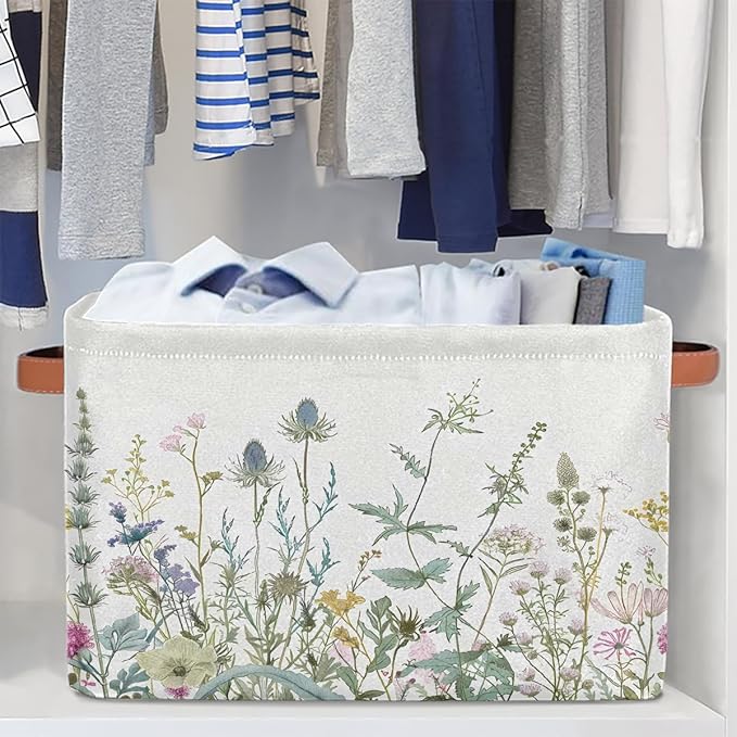 Wildflowers Leaves Storage Basket for Shelves, Storage Bins with Handles, Collapsible Basket for Organizing, Closet Toy Baskets for Nursery Room, 15x11x9.5 in, Canvas, Herbal Wildflower