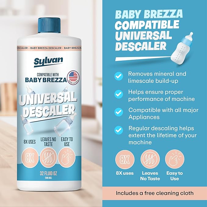 Sylvan Hills Descaler Compatible with Baby Brezza Machines | 32 Oz | 12 Month Supply | US Made | Free Cleaning Cloth | Descaling Solution Compatible with Baby Appliances | Cleans & Descales