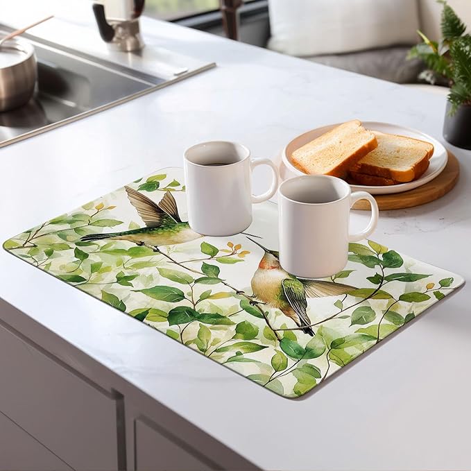 Green Hummingbird Dish Drying Mat for Kitchen Counter Microfiber Super Absorbent Non-Slip Dish Drying Pad for Countertops Dishes Utensils Stylish Quick-Dry Machine Washable 18x24 Inch