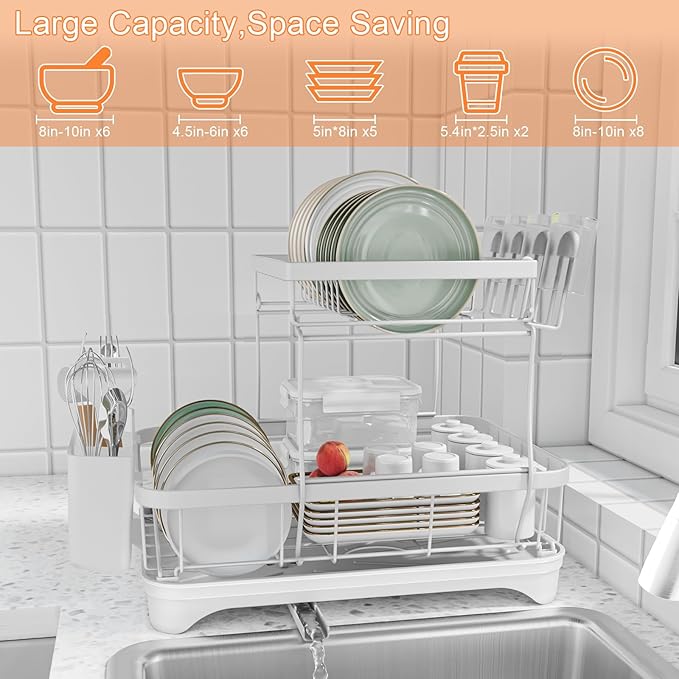 HOMEBOSILY Dish Drying Rack - Auto Draining Dish Rack for Kitchen Counter, Large Capacity Dish Drainers Organizer with Drainboard, 2-Tier Drying Rack with Utensil Holder White