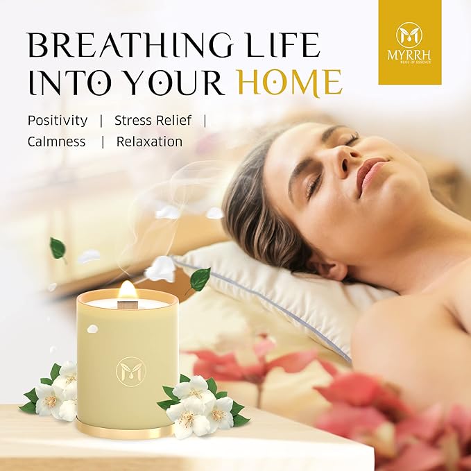 MyrrhUSA Arabian Jasmine Scented Candle – 15oz Natural Soy Wax with Crackling Wooden Wick & Essential Oil | 80 Hour Burn | Luxury Aromatherapy Candle for Relaxation, Home Décor, Living Room & Bathroom