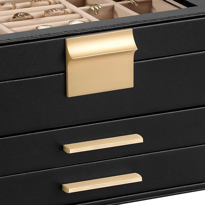 Jewelry Box Organizer for Women,3 Layers Jewelry Storage Display Box with Glass Lid,Gift for Christmas,3 Drawers,Large Capacity for Necklace Earrings Bracelets Rings,Black