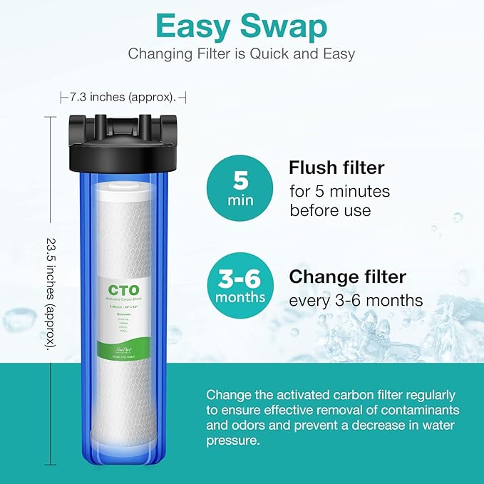 SimPure Whole House Water Filter Cartridges 5 Micron 20" x 4.5" CTO Activated Carbon Block, For DB20P, FC25B, CTO20BB, WHB20, 6 Pack