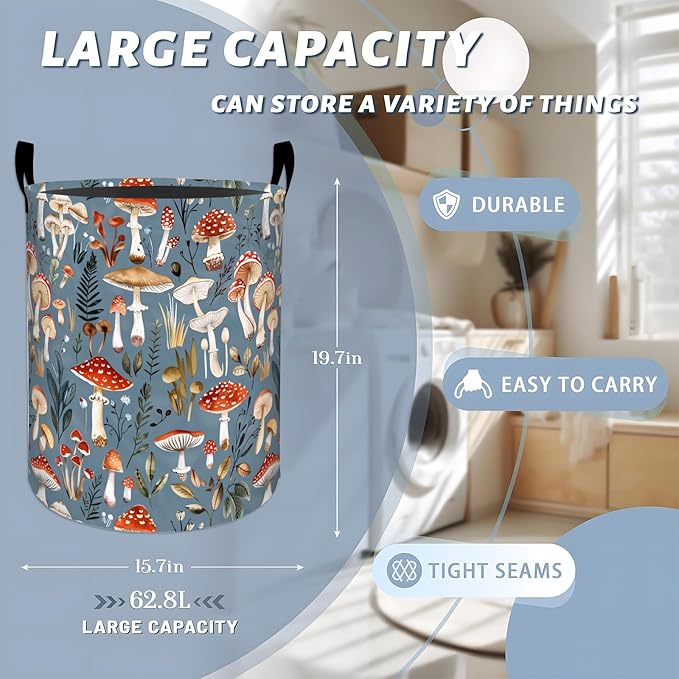 Cute Mushroom and Green Leaves Laundry Basket with Handles, 19.7"x15.7" Clothes Foldable Laundry Hamper Organizer for Dorm Nursery Bedroom Bathroom Decor, Toy Storage Bin for Kids