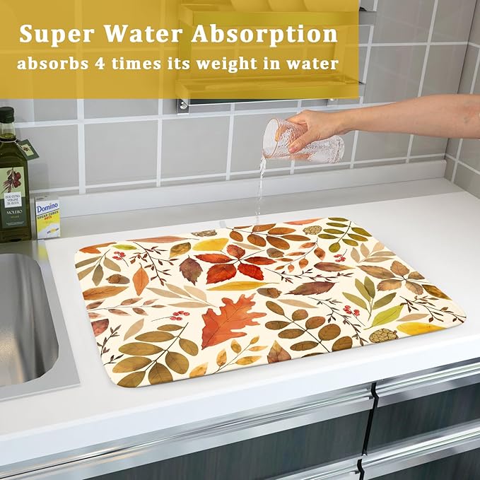 Fall Dish Drying Mat for Kitchen Counter 24x18 Inch Watercolor Autumn Maple Leaf Drying Mat with Absorbent Reversible Microfiber Dish Drainer Mats Rack Pad for Coffee Bar Countertop Protector