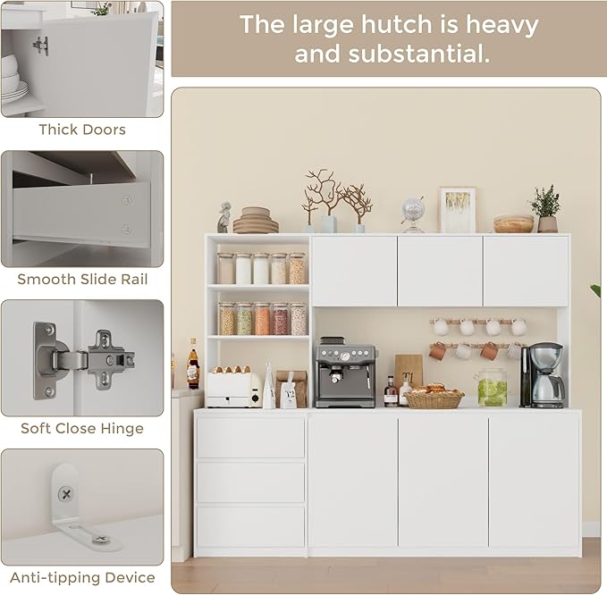 Large Kitchen Hutch Cabinet with Microwave Stand, Storage Cupboard Pantry with 3-Tier External Shelves and 3 Drawers, Ktichen Food Pantry with Open Countertop for Dining Room, White