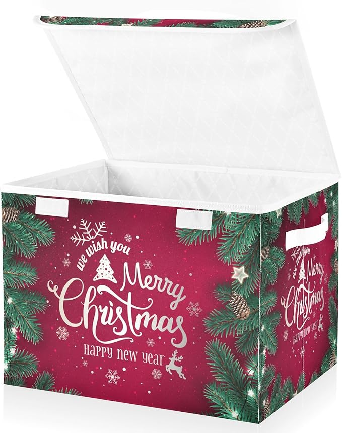 Christmas Baskets Collapsible Storage Bins with Lids, Merry Christmas Happy New Year Storage Boxes Clothes Baskets for Organizing