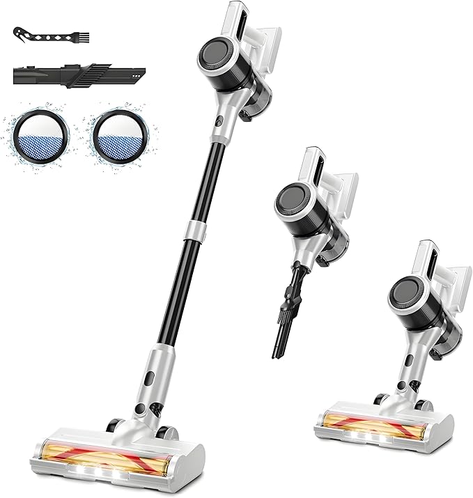 BSNAW Cordless Vacuum Cleaner for Home - Lightweight, Stick Vacuum Clean with Rechargeable Battery, Max 45Mins Runtime, 8 in 1 Handheld Vacuum for Hardfloor & Carpets Pet Hair, White&Yellow