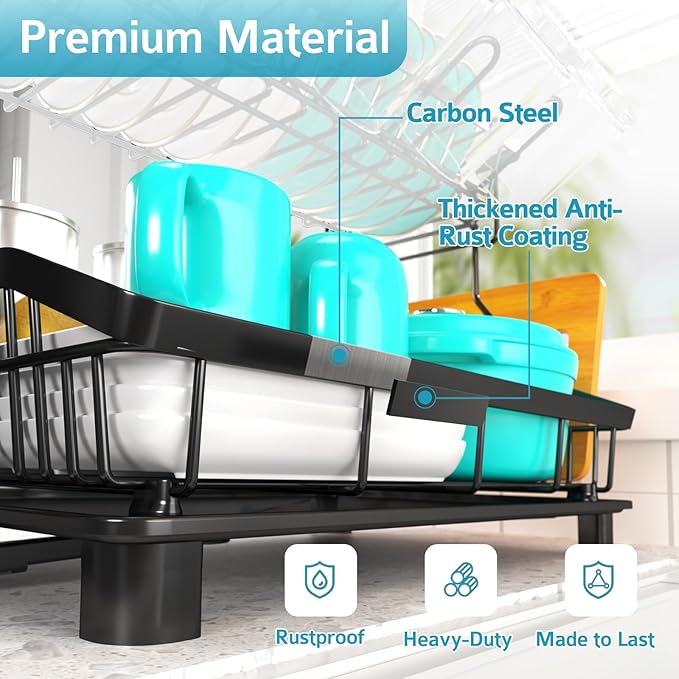 Ricobes Dish Drying Rack - 2 Tier Large Capacity Dish Rack- Dish Racks for Kitchen Counter with Drainboard, Rustproof Dish Drainer with Removable Utensil Holder,Cutting Board Holder,Cup Holder, Black