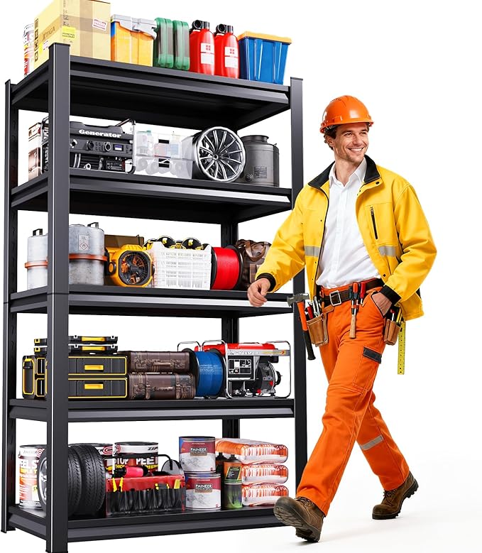 5-Tier 72”H Garage Shelving, Adjustable Garage Shelves, 2500 Lbs Storage Shelves Heavy Duty, Garage Shelf for Tool Organization, Storage Shelves for Basement, Warehouse, Black (72''H×35.4''W×12''D)