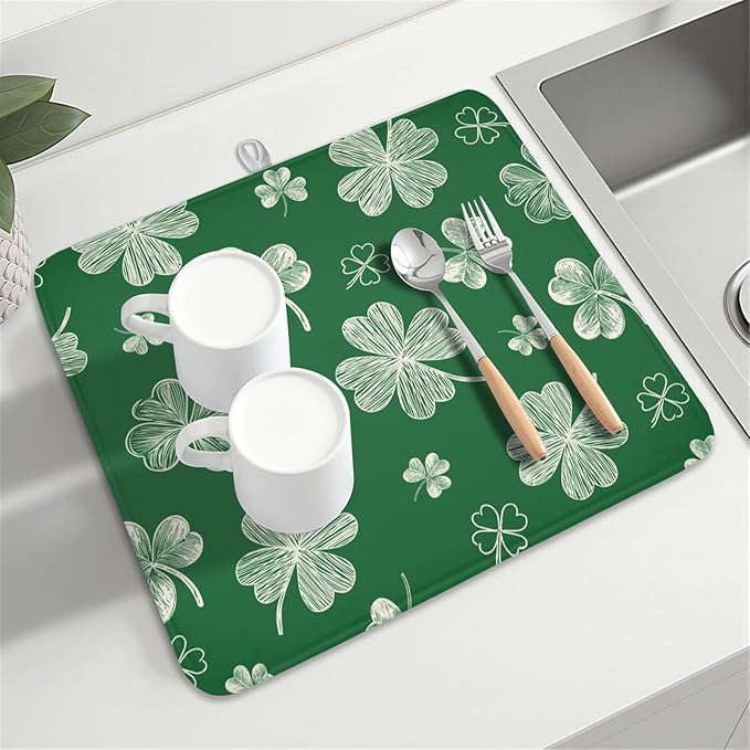 ABSOP St Patrick's Day Dish Drying Mat 16 x 18 Inch Green Shamrock Dish Drainer Rack Mat Absorbent Microfiber Mats for Spring Lucky Clovers Dish Pad for Kitchen Coffee Bar Decor