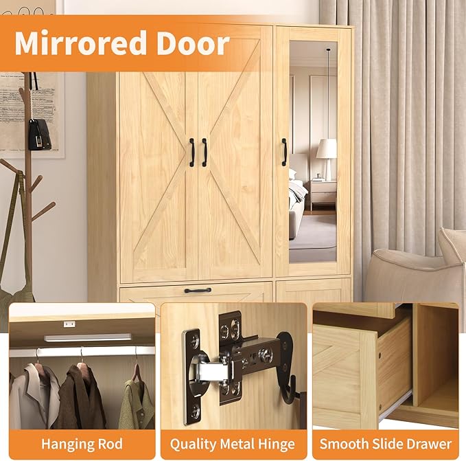Armoire Wardrobe Closet with Mirror and 2 Drawers, 72''H Bedroom Armoire Wardrobe Cabinet with Hanging Rod and Light,Wooden Bedroom Closet with Adjustable Shelf